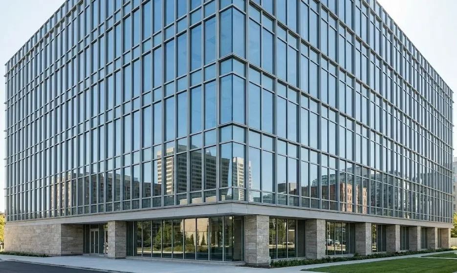 The completed effect of the stick built curtain wall system installation The completed effect of the stick built curtain wall system installation