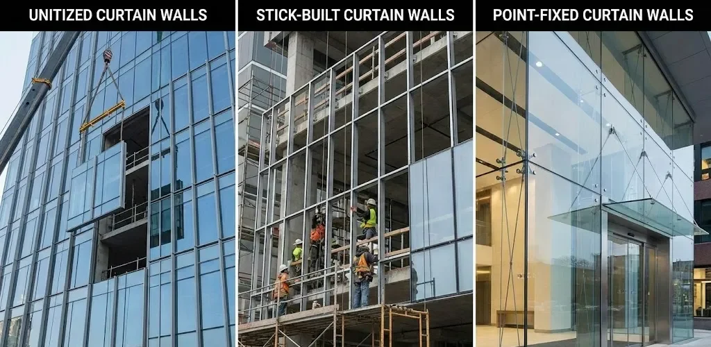 Unitized curtain walls Stick built curtain walls Point fixed curtain walls Unitized curtain walls Stick built curtain walls Point fixed curtain walls