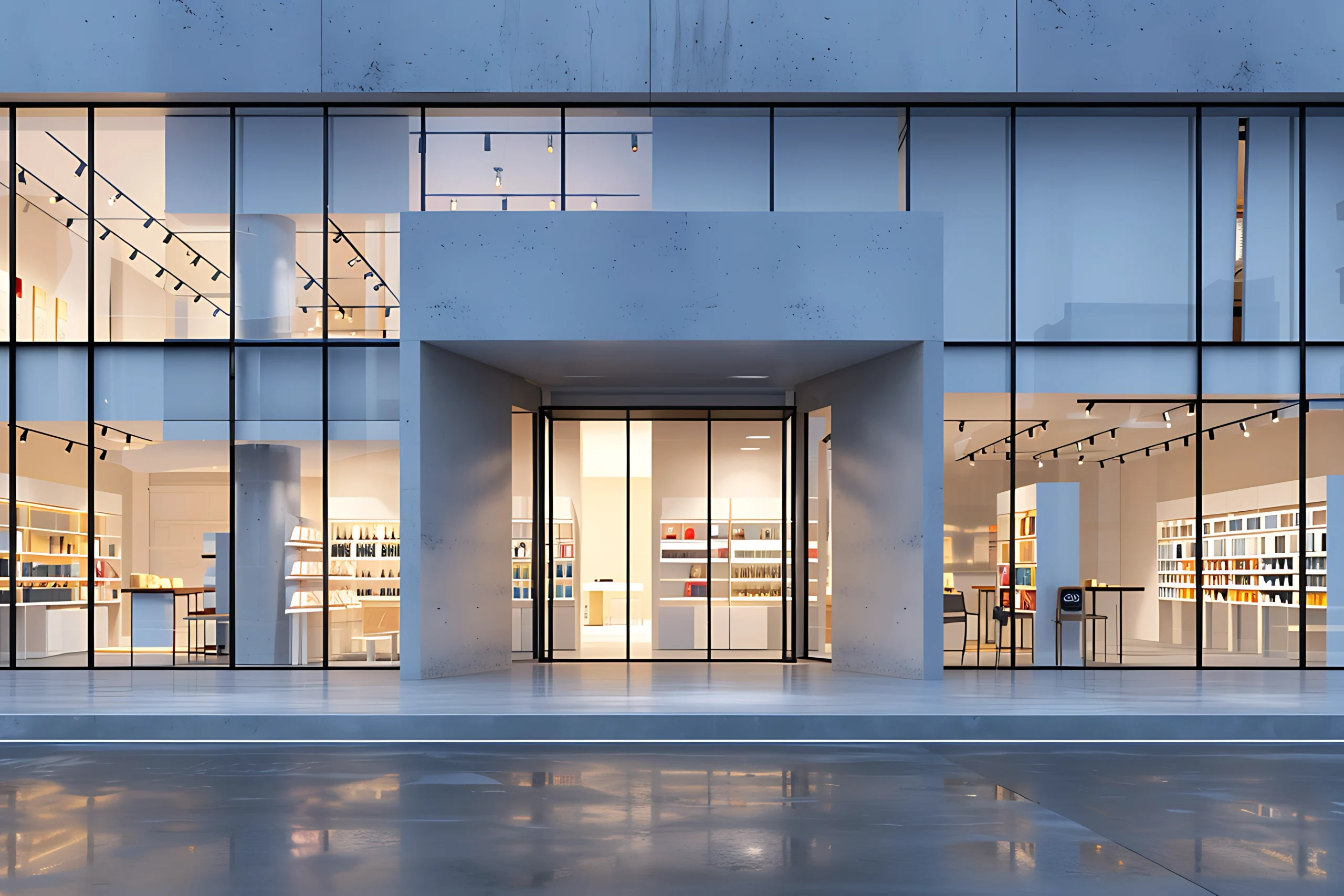 유리벽과 유리로 된 매장 전면을 갖춘 건물