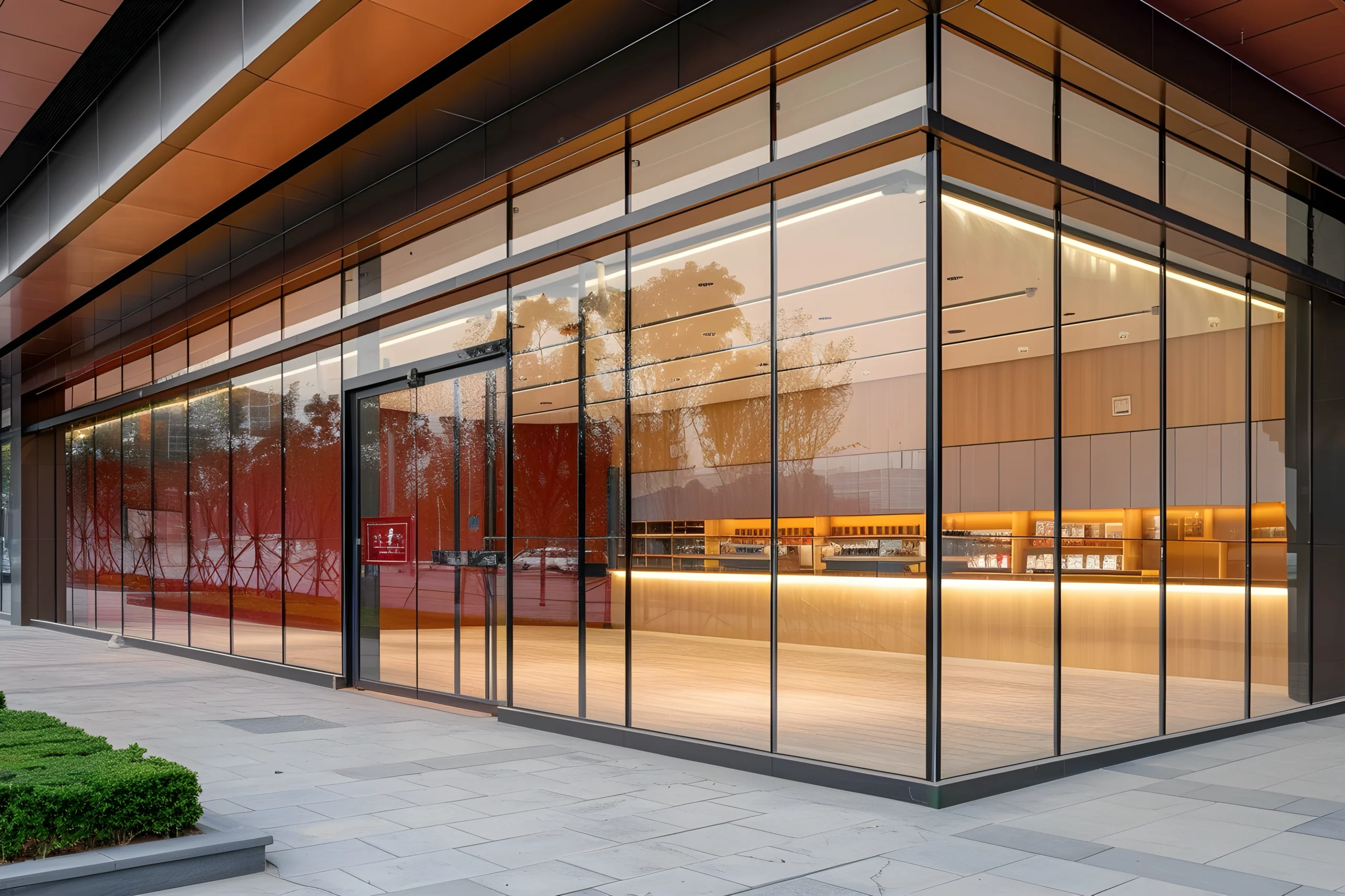 적갈색 디자인의 현대적인 매장 전면