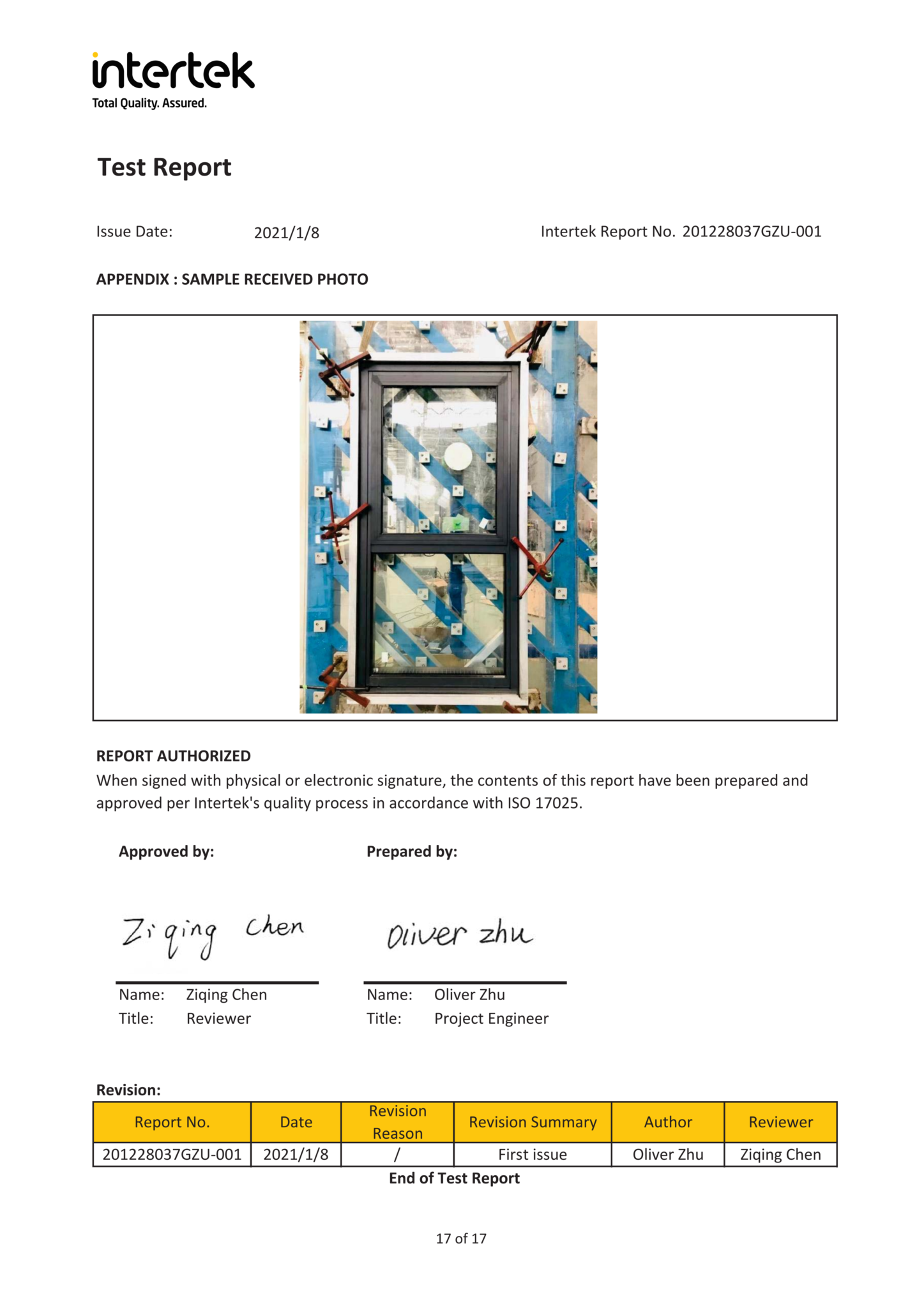 Rapporto di prova della parete della finestra AS2047 apro1