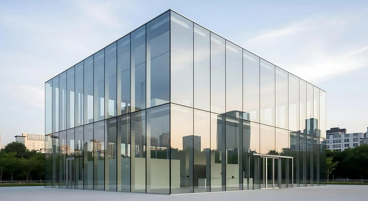 Fachada cortina de vidro com aletas do shopping center