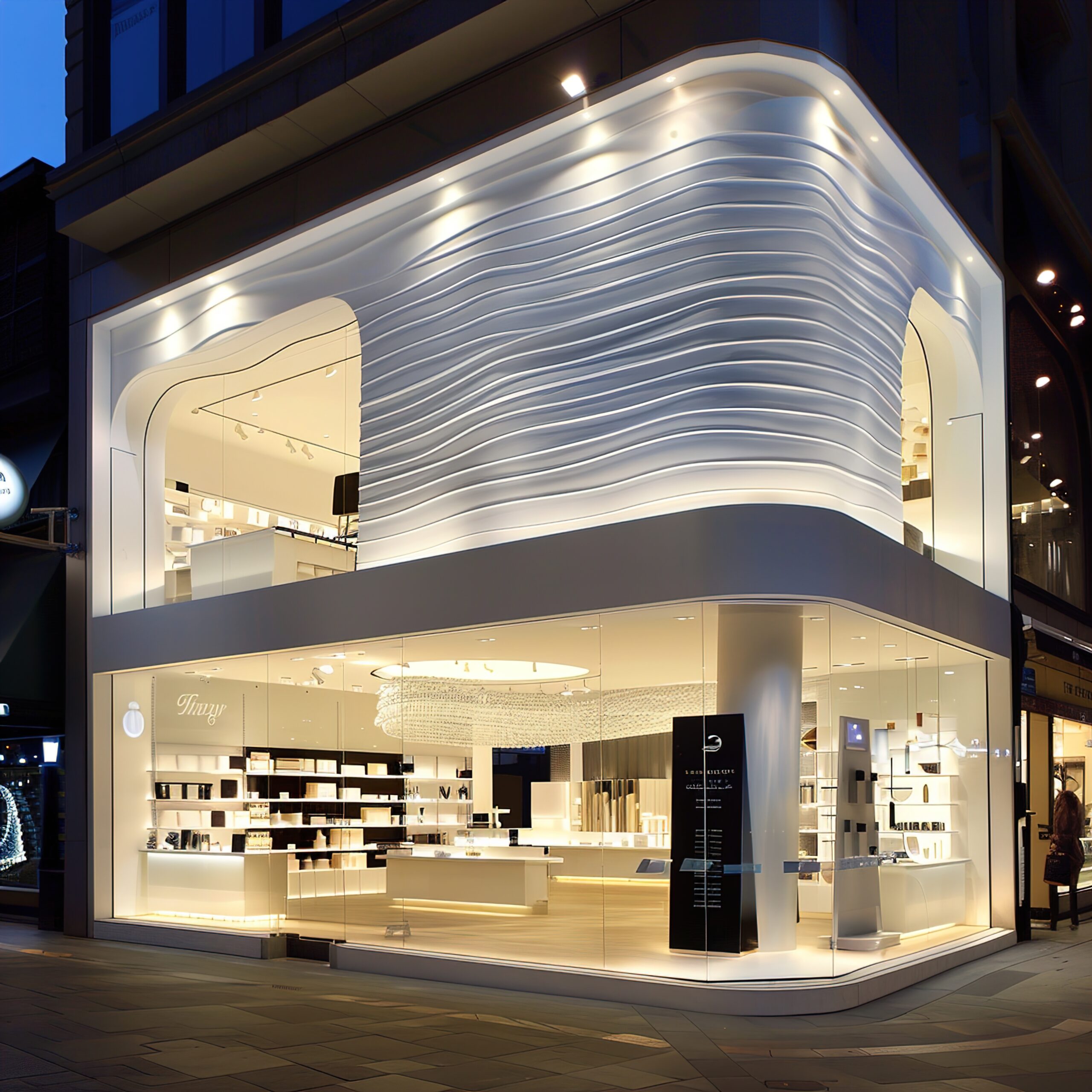 커다란 흰 벽이 있는 상점 전면