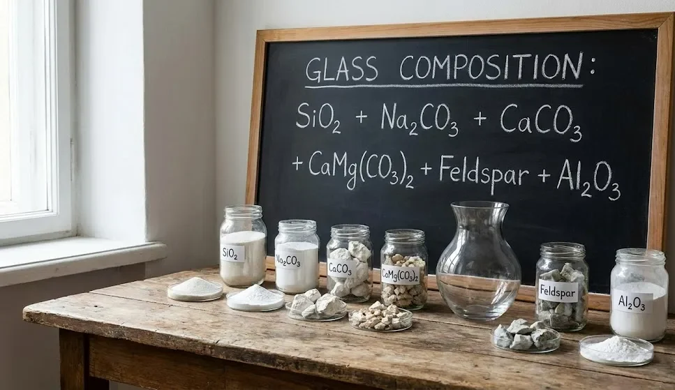 Chemical composition of glass SiO₂ + Na₂CO₃ + CaCO₃ + CaMgCO₃₂ + Feldspar + Al₂O₃