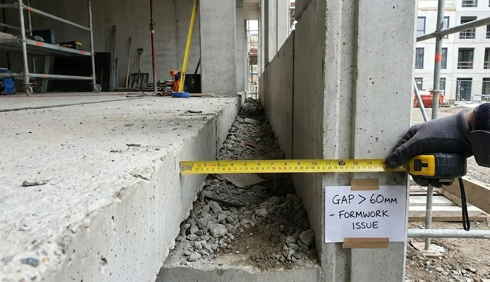 Due to the displacement of the concrete contractors formwork a gap of more than 60 millimeters appeared between the floor slab and the exterior facadetwice the allowable tolerance