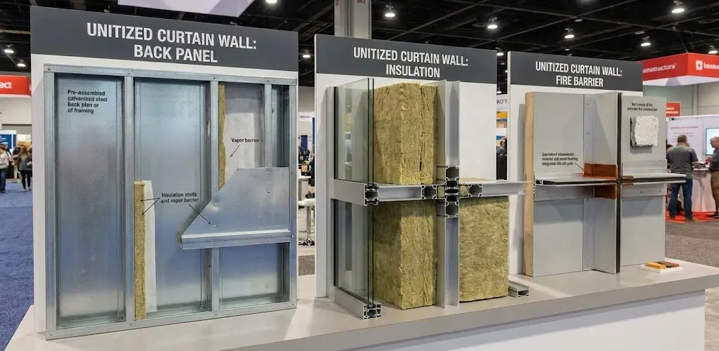 On the left is the unitized curtain wall back panel in the middle is the unitized curtain wall insulation and on the right is the unitized curtain wall fire barrier