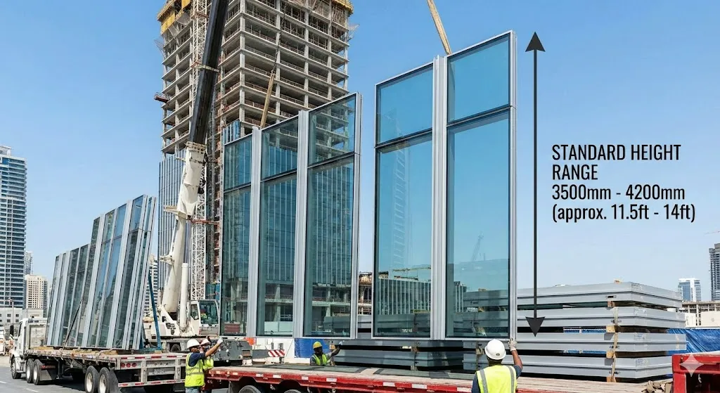 unitized curtain wall panel standard hight typically ranges between 3500mm to 4200mm approx 115 to 14 feet