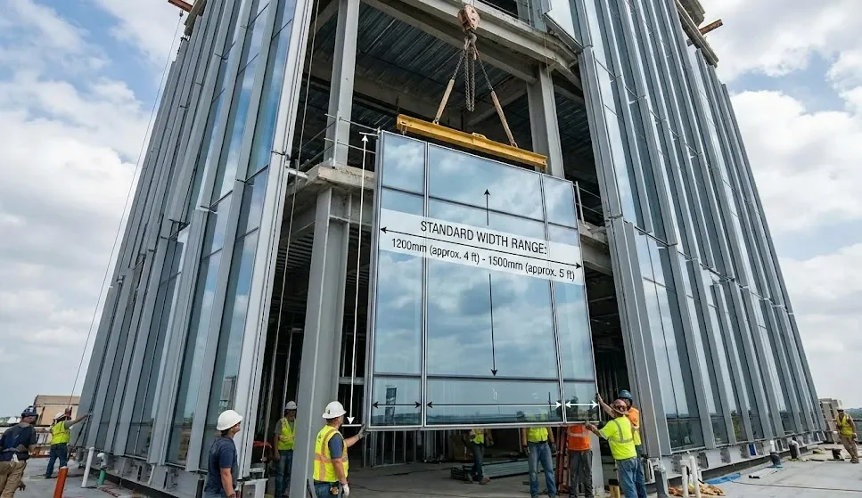 unitized curtain wall panel standard width typically ranges between 1200mm and 1500mm approx 4 to 5 feet